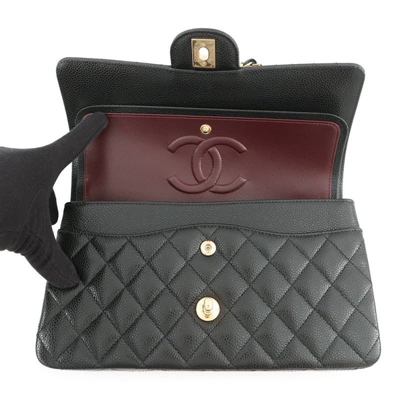 シャネル チェーンショルダーバッグ マトラッセ25 ココマーク ダブルチェーン キャビアスキン A01112 CHANEL 黒