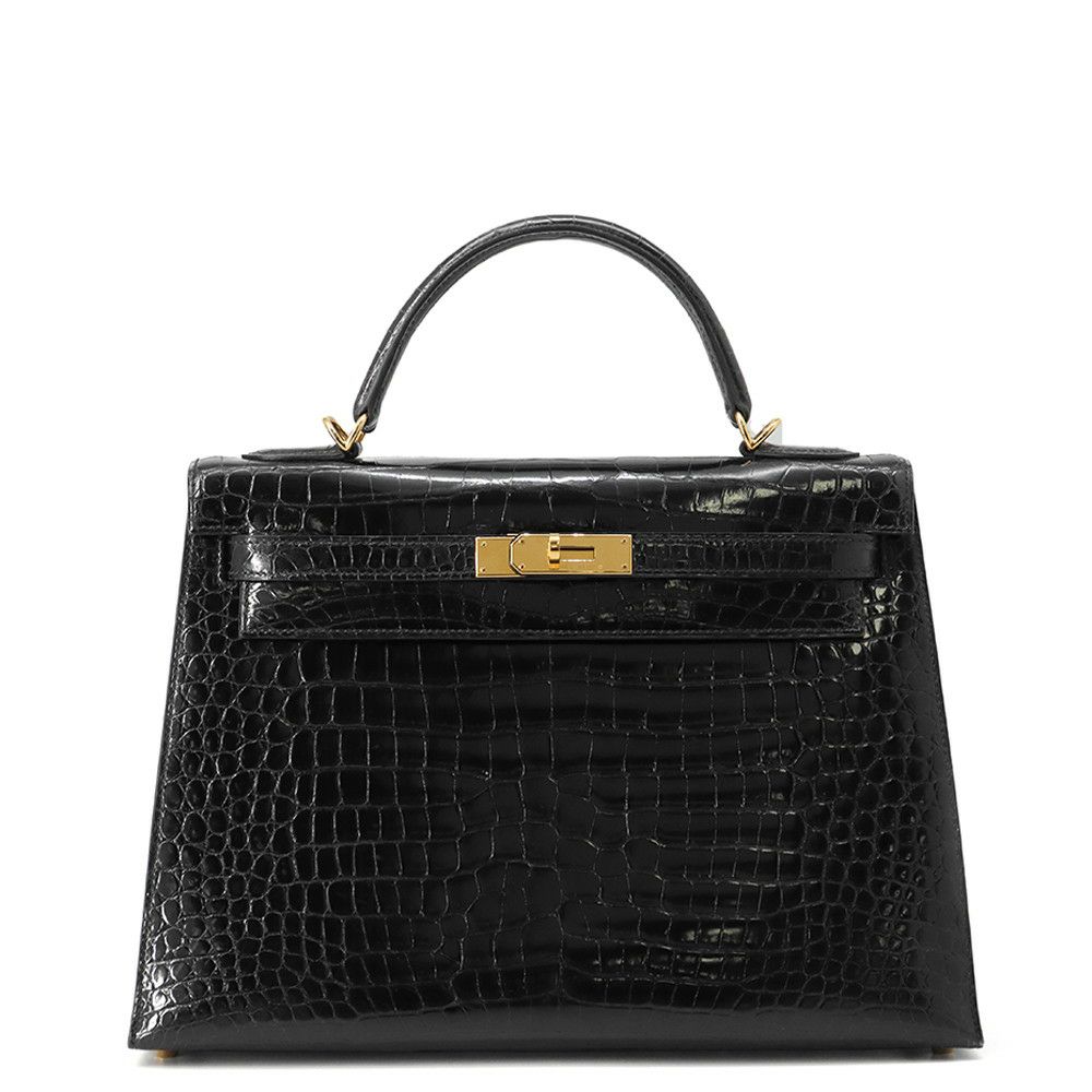エルメス ハンドバッグ ケリー32 外縫い ブラック/ゴールド金具 ポロサスシャイン □E刻印 2wayショルダー 黒