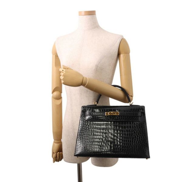 エルメス ハンドバッグ ケリー32 外縫い ブラック/ゴールド金具 ポロサスシャイン □E刻印 2wayショルダー 黒