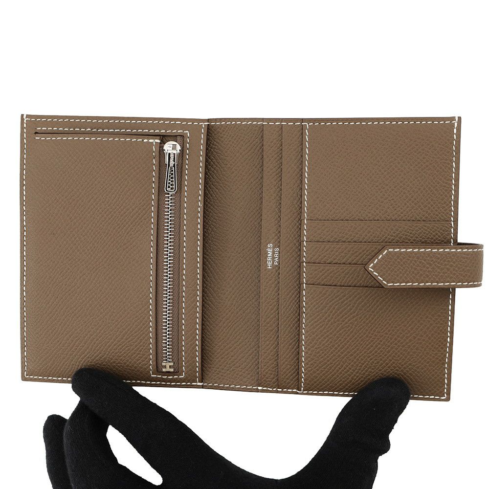 エルメス 二つ折り財布 ベアンコンパクト エトゥープ/シルバー金具 エプソン K刻印