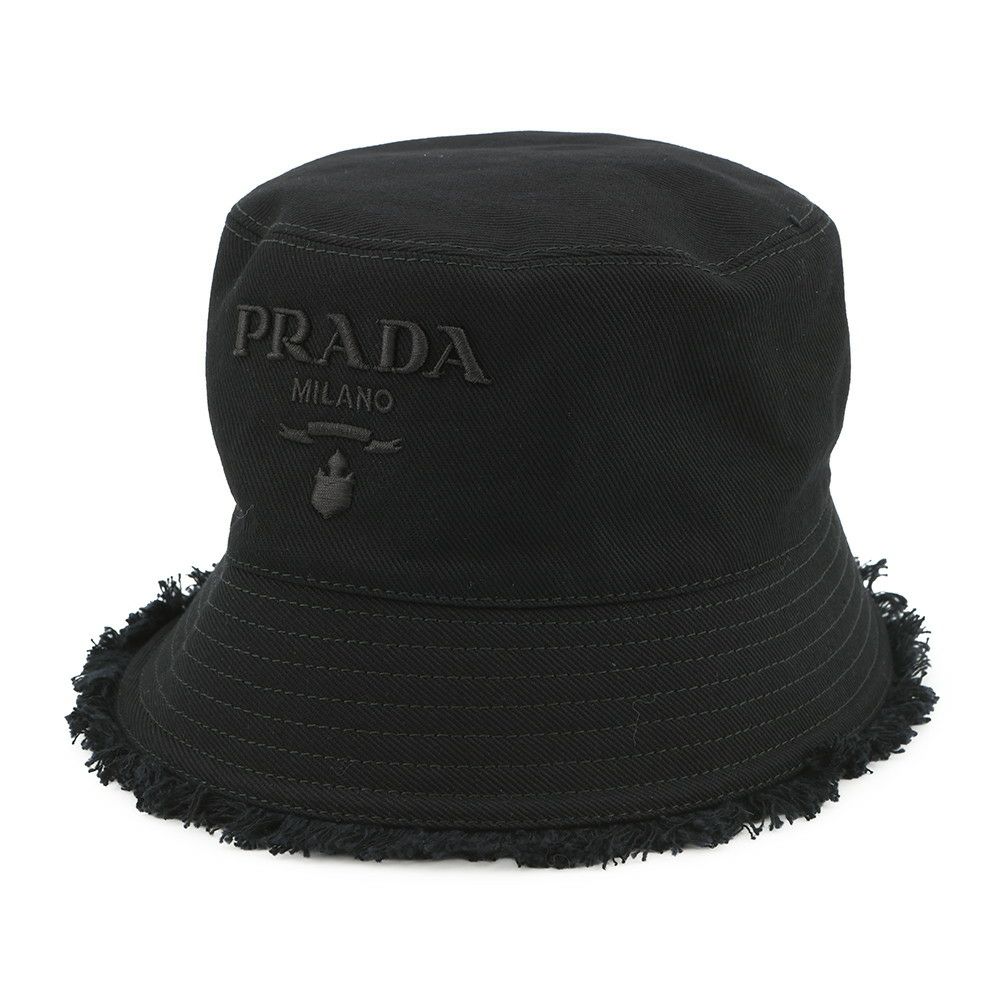 プラダ ハット ドリル ロゴ フリンジ コットン  サイズS PRADA 帽子 バケットハット 黒