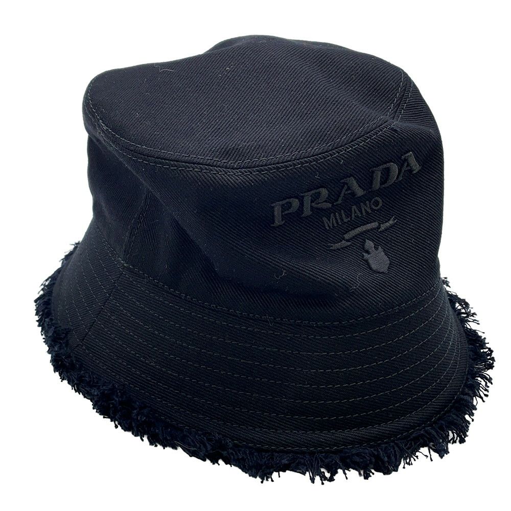 プラダ ハット ドリル ロゴ フリンジ コットン  サイズS PRADA 帽子 バケットハット 黒