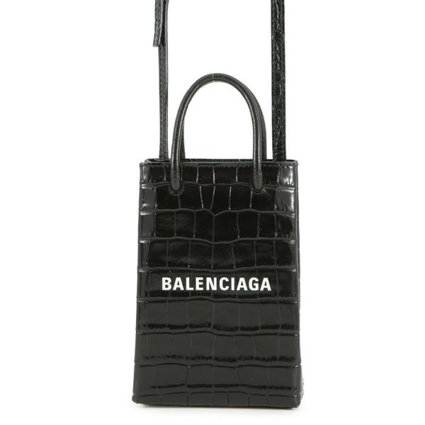 バレンシアガ ショルダーバッグ ショッピング フォンホルダーバッグ クロコ型押しレザー 593826 BALENCIAGA 黒