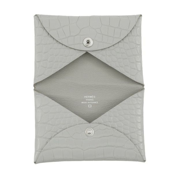 エルメス カードケース カルヴィ パールグレー アリゲーターマット B刻印 HERMES 名刺入れ