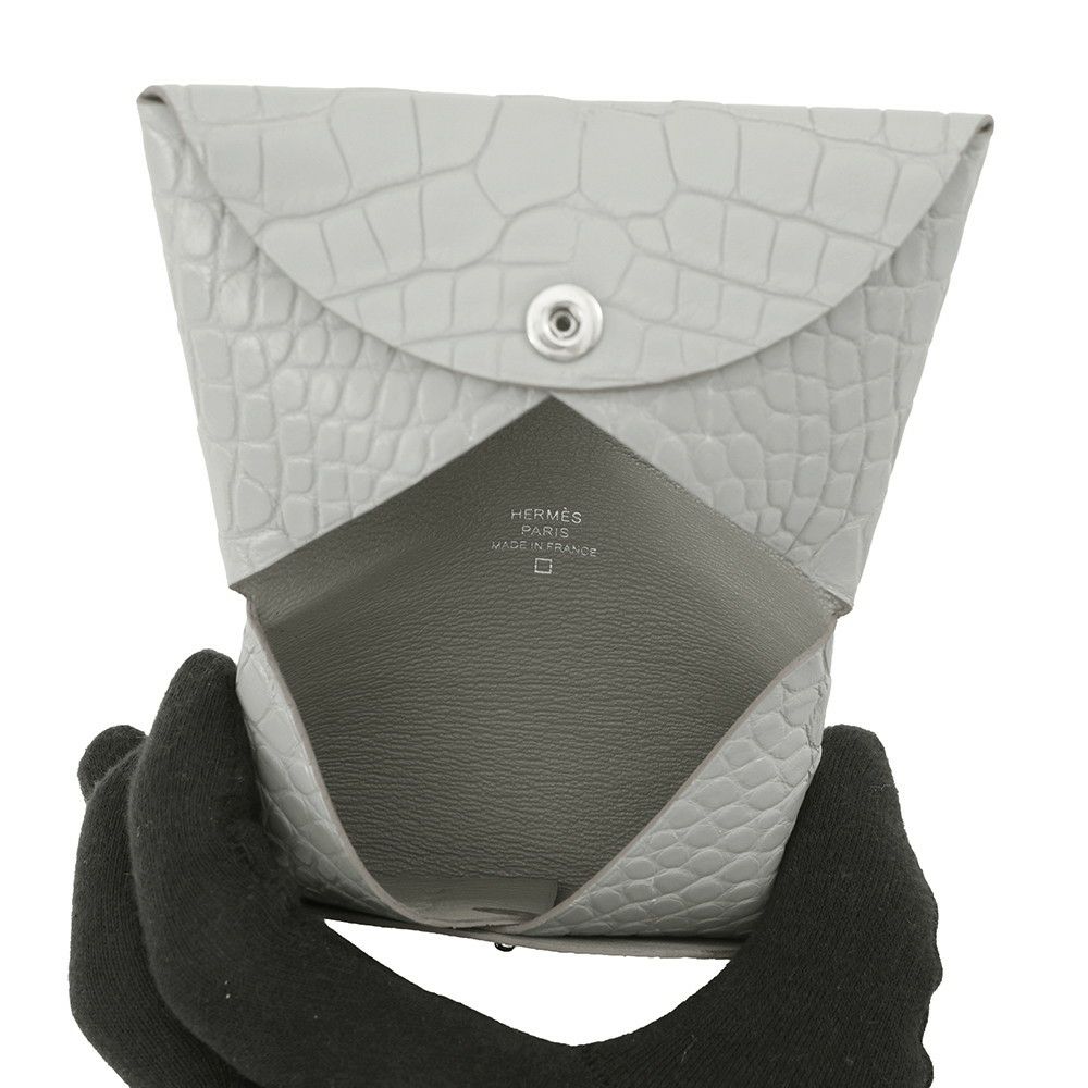 エルメス カードケース カルヴィ パールグレー アリゲーターマット B刻印 HERMES 名刺入れ