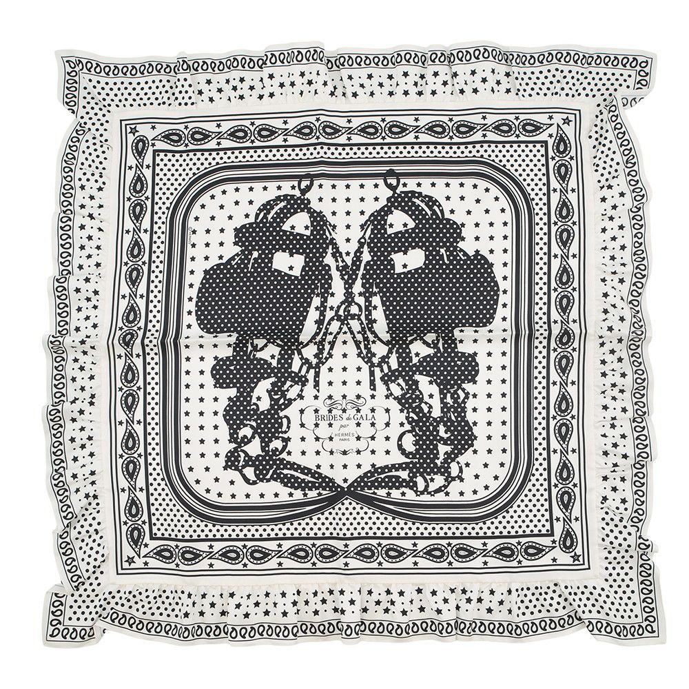 エルメス スカーフ カレ70 バンダナ フリル ブリッド・ドゥ・ガラ・ドット シルク HERMES 2024春夏 白 黒