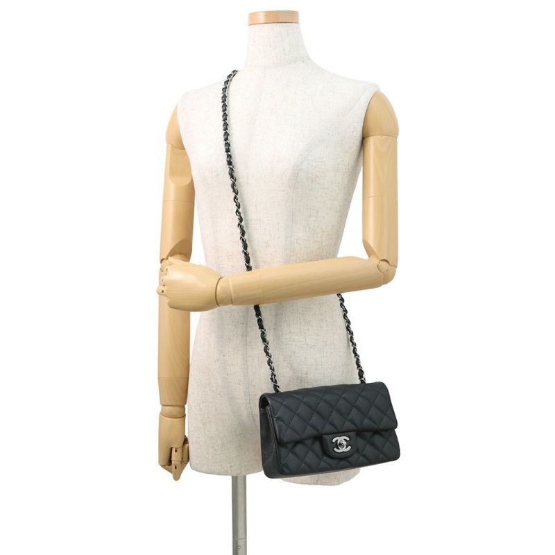 シャネル チェーンショルダーバッグ ココマーク ミニ マトラッセ 20 キャビアスキン A69900 CHANEL ラメ加工 黒