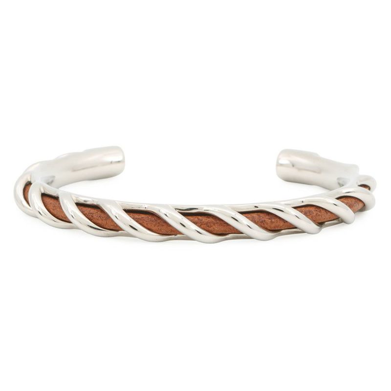 エルメス ブレスレット トルサード オープン バングル ブラウン/シルバー金具 サイズT4 HERMES アクセサリー