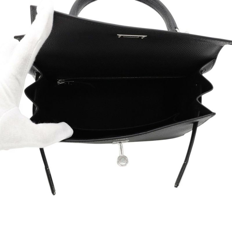 エルメス ハンドバッグ ケリー25 外縫い ブラック/シルバー金具 エプソン K刻印 2wayショルダー 黒