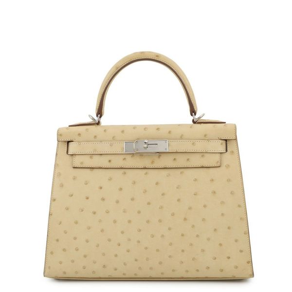 エルメス ハンドバッグ ケリー28 外縫い パーシュマン/シルバー金具 オーストリッチ T刻印 2wayショルダー