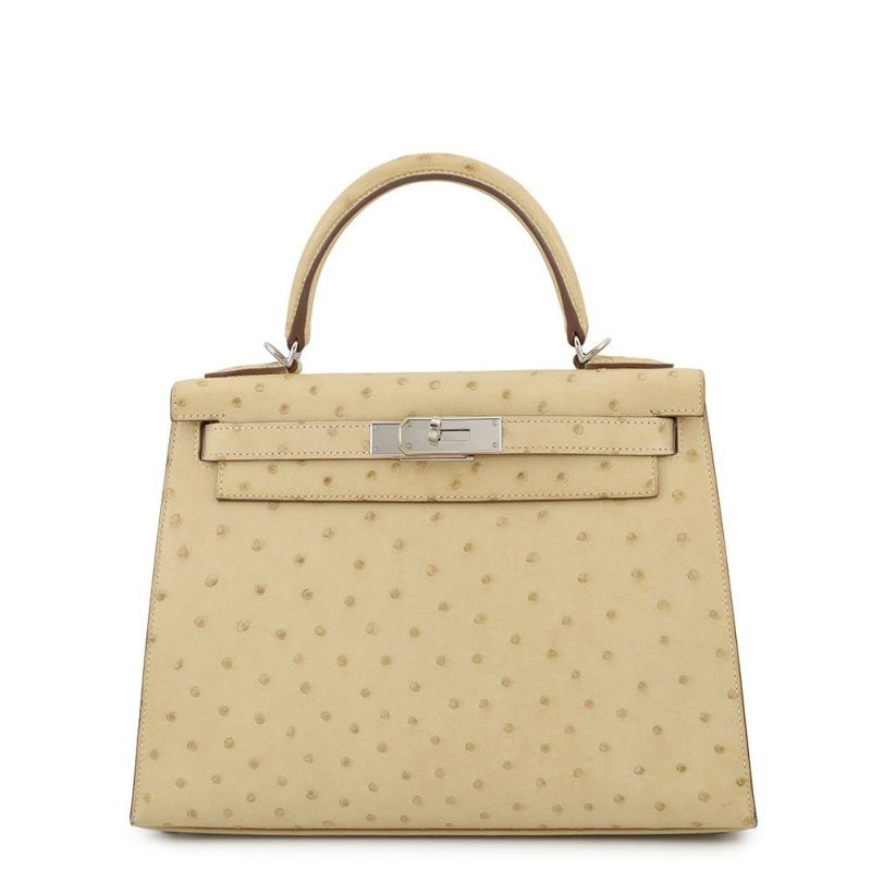 エルメス ハンドバッグ ケリー28 外縫い パーシュマン/シルバー金具 オーストリッチ T刻印 2wayショルダー