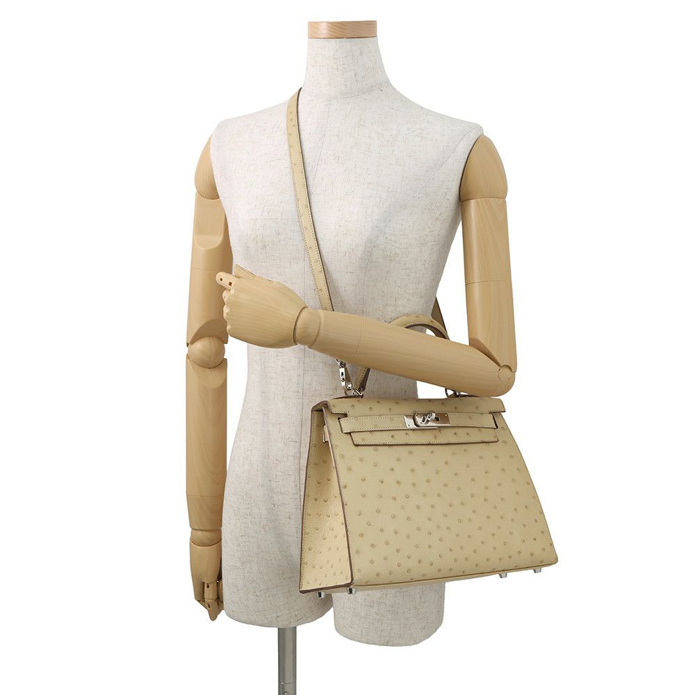 エルメス ハンドバッグ ケリー28 外縫い パーシュマン/シルバー金具 オーストリッチ T刻印 2wayショルダー