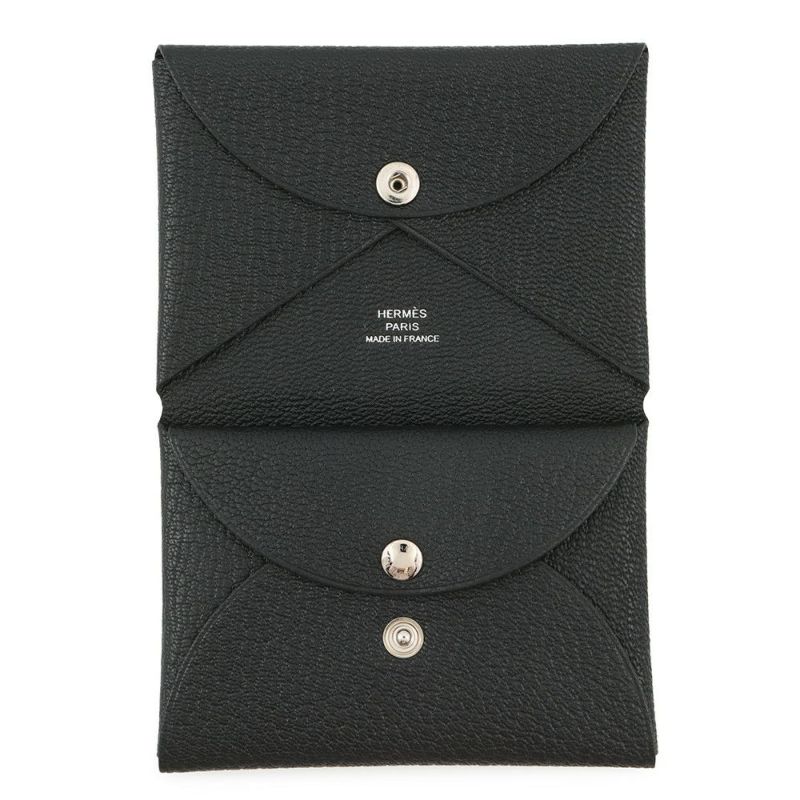 エルメス コインケース カルヴィ デュオ ブラック/シルバー金具 シェブルミゾル W刻印 HERMES 財布 黒