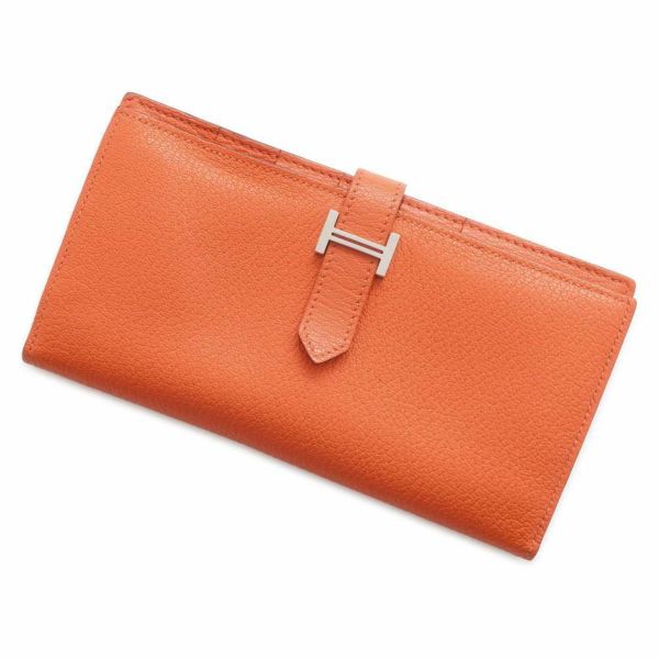 エルメス 長財布 ベアンスフレ オレンジ/シルバー金具 シェブルミゾル □O刻印 HERMES 財布