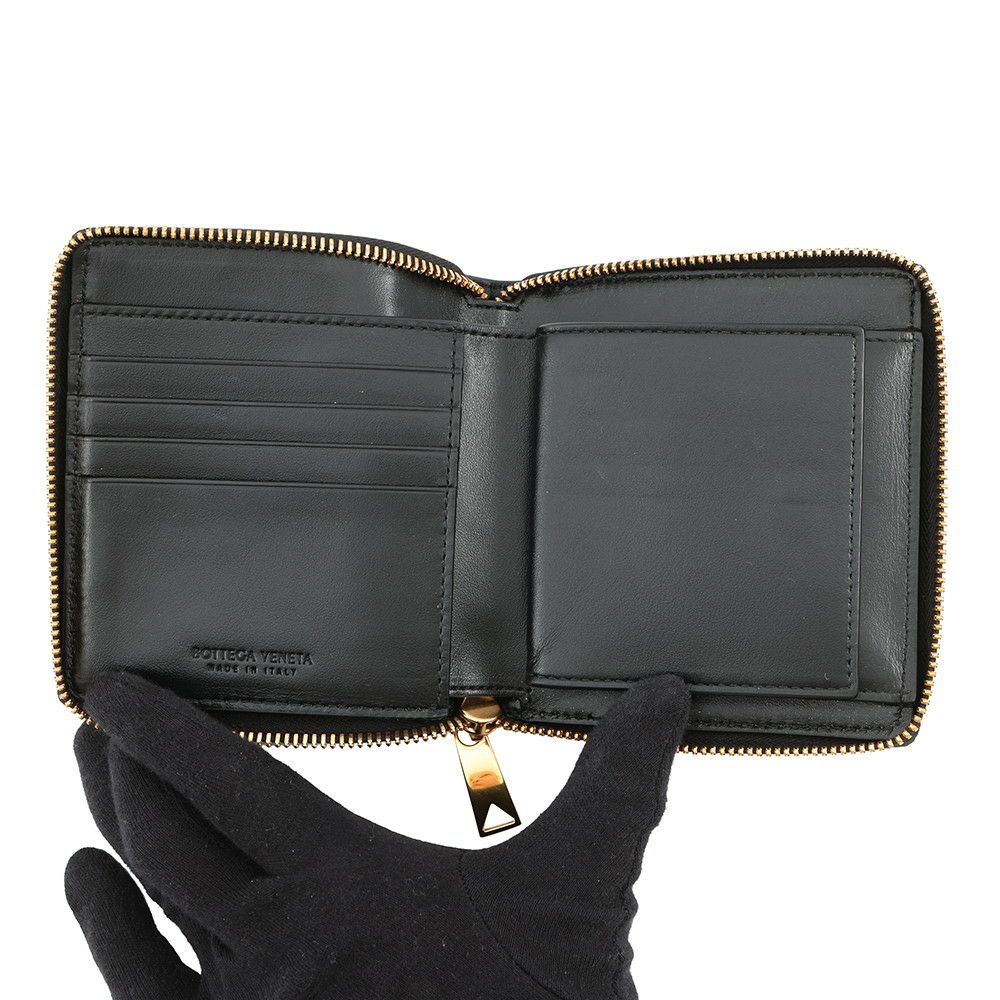 ボッテガヴェネタ 二つ折り財布 マキシイントレチャート カセット ラウンドジップ ラムスキン 749461 黒
