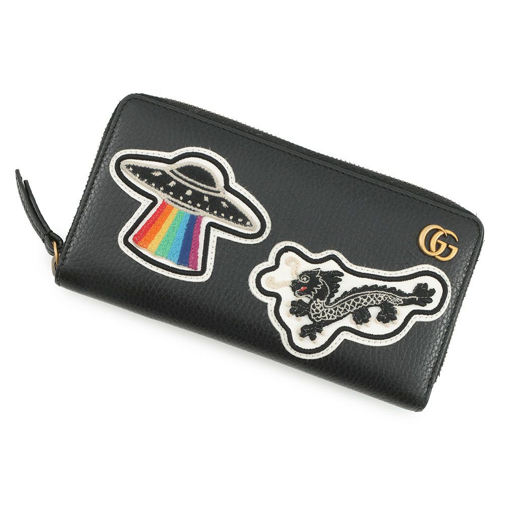 グッチ 長財布 GGマーモント ワッペンモチーフ レザー 474584 ラウンドファスナー GUCCI 財布 UFO ドラゴン 黒
