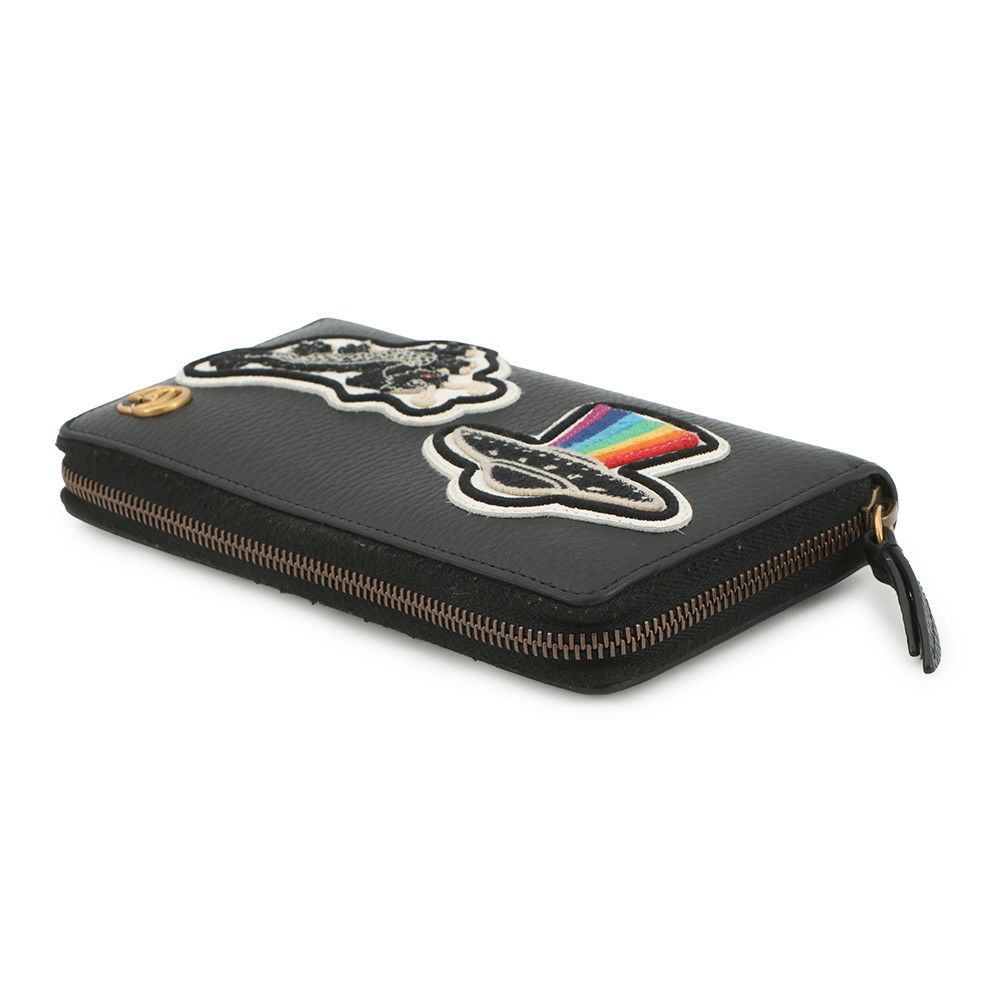 グッチ 長財布 GGマーモント ワッペンモチーフ レザー 474584 ラウンドファスナー GUCCI 財布 UFO ドラゴン 黒