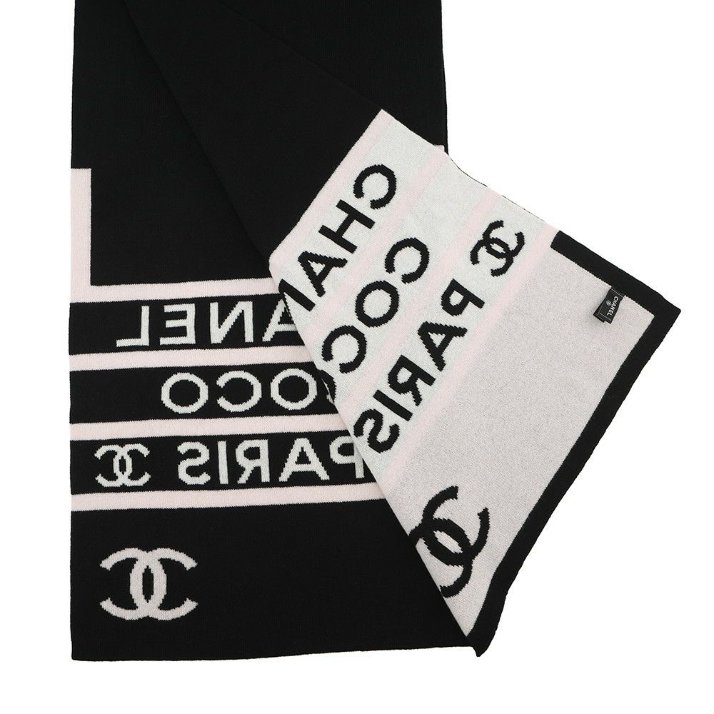 シャネル マフラー ココマーク カシミヤ CHANEL ストール 黒 白