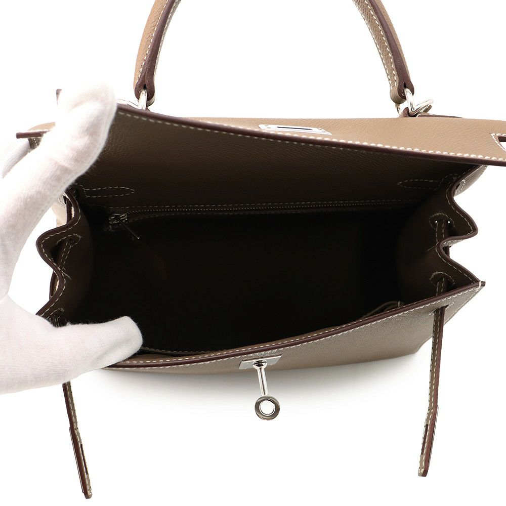エルメス ハンドバッグ ケリー25 外縫い エトゥープ/シルバー金具 エプソン B刻印 2wayショルダー