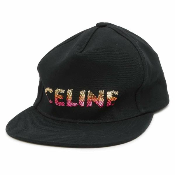 セリーヌ キャップ スパンコール ロゴ コットン サイズL 2AUW9641M CELINE 帽子 黒