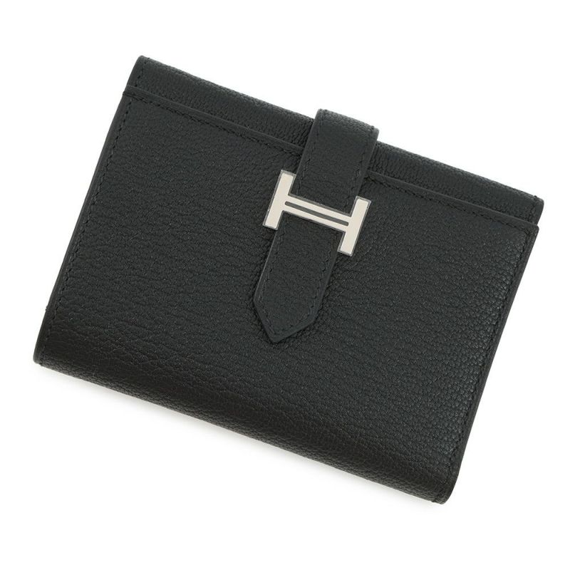 エルメス 三つ折り財布 ベアンコンビネ ブラック/シルバー金具 シェブルミゾル B刻印 HERMES 財布 黒