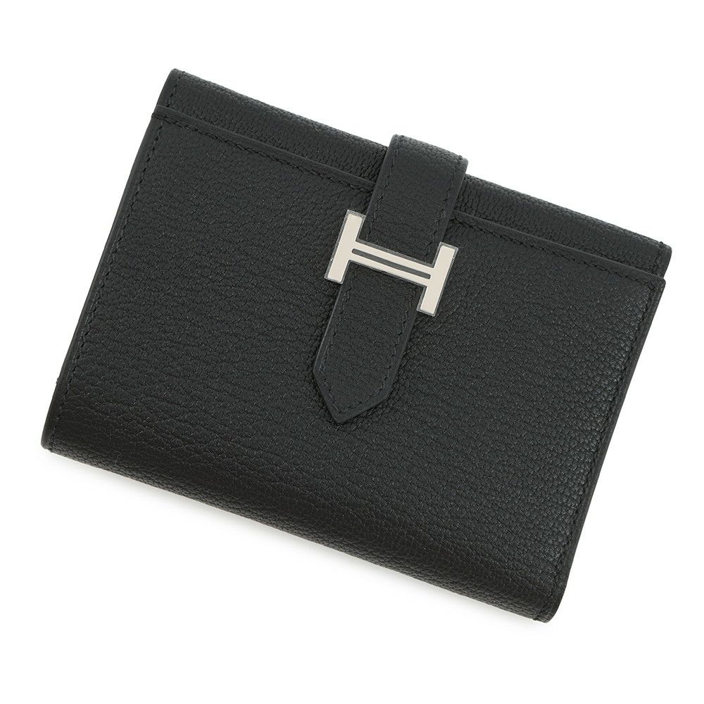 エルメス 三つ折り財布 ベアンコンビネ ブラック/シルバー金具 シェブルミゾル B刻印 HERMES 財布 黒