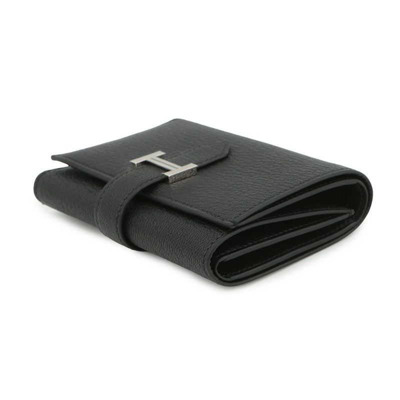 エルメス 三つ折り財布 ベアンコンビネ ブラック/シルバー金具 シェブルミゾル B刻印 HERMES 財布 黒