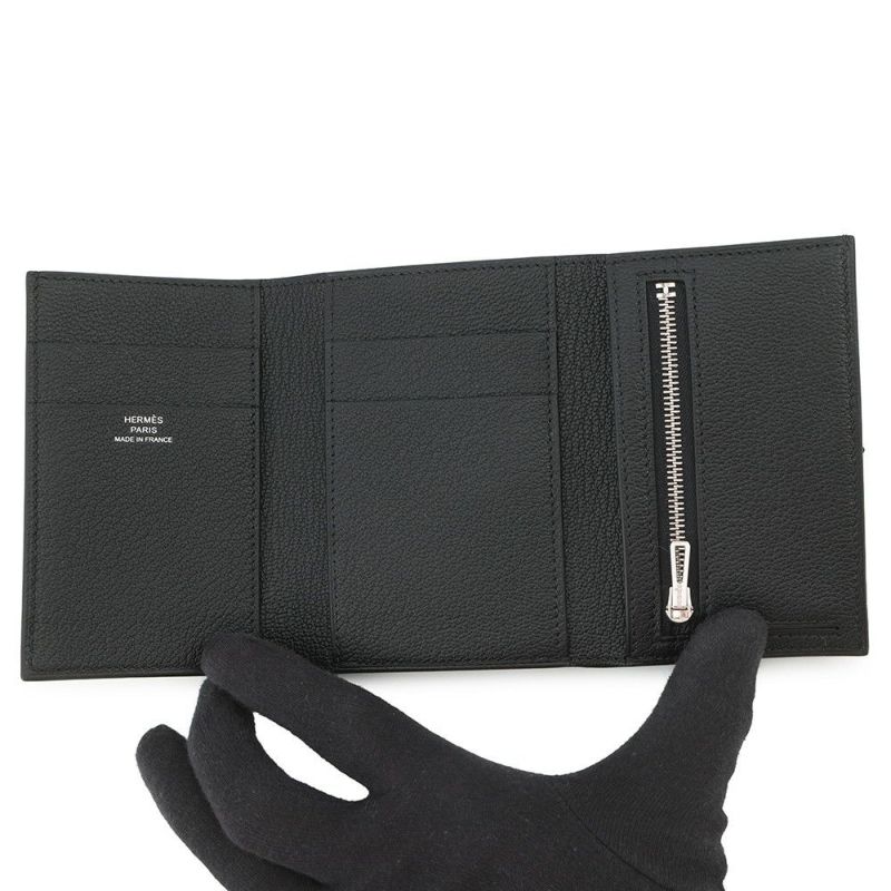 エルメス 三つ折り財布 ベアンコンビネ ブラック/シルバー金具 シェブルミゾル B刻印 HERMES 財布 黒