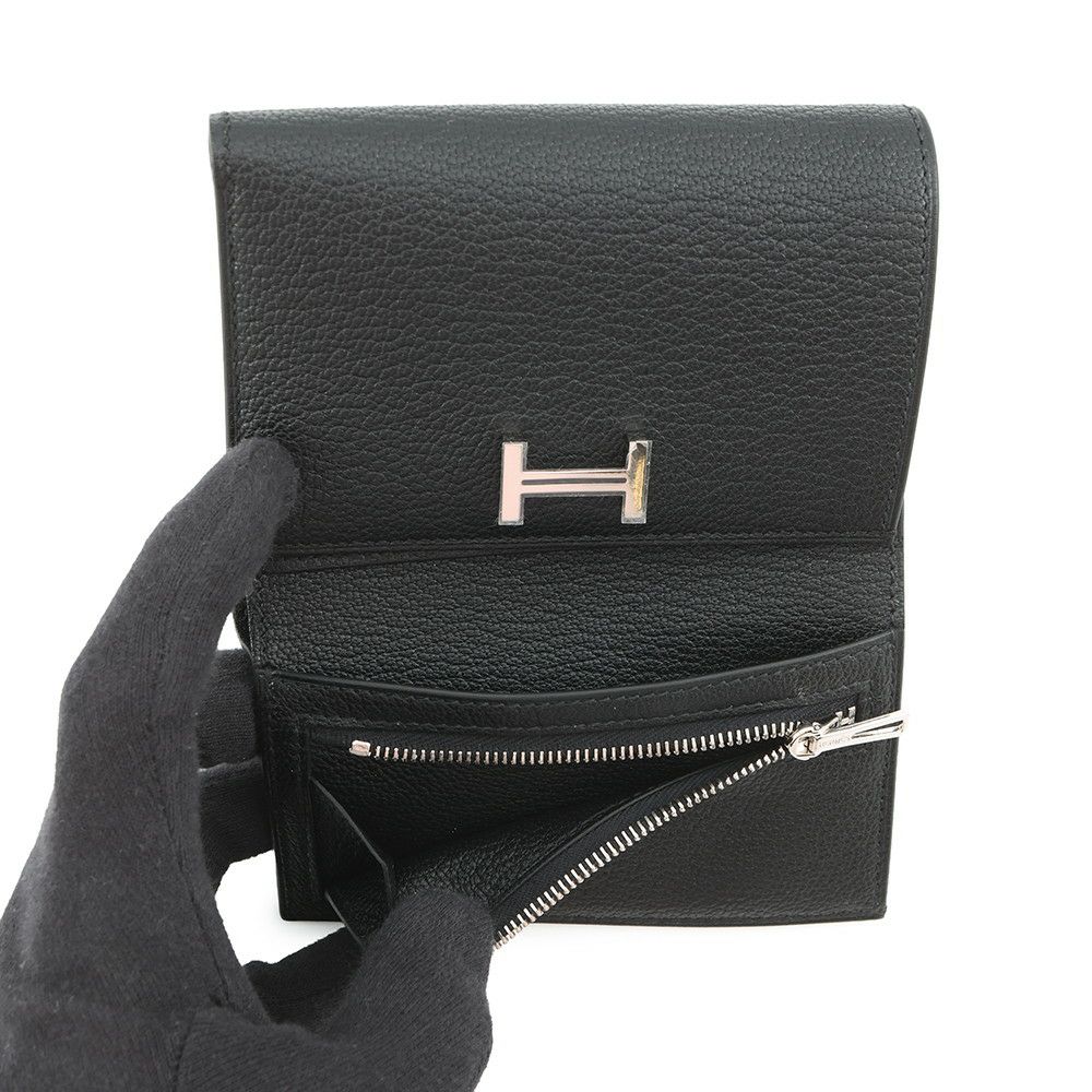 エルメス 三つ折り財布 ベアンコンビネ ブラック/シルバー金具 シェブルミゾル B刻印 HERMES 財布 黒