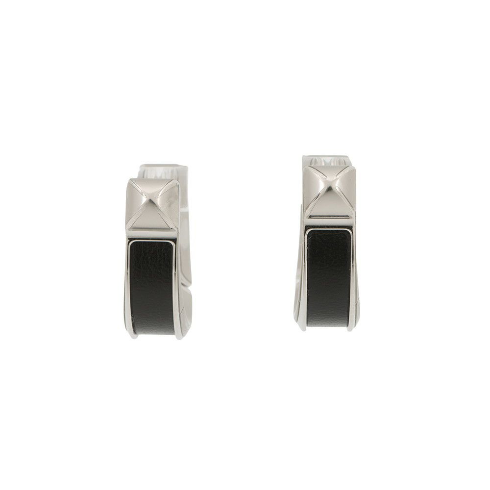 エルメス ピアス ジョケット PM ブラック/シルバー金具 ボックスカーフ/メタル HERMES アクセサリー 黒