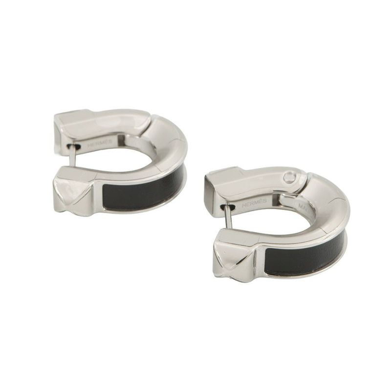 エルメス ピアス ジョケット PM ブラック/シルバー金具 ボックスカーフ/メタル HERMES アクセサリー 黒