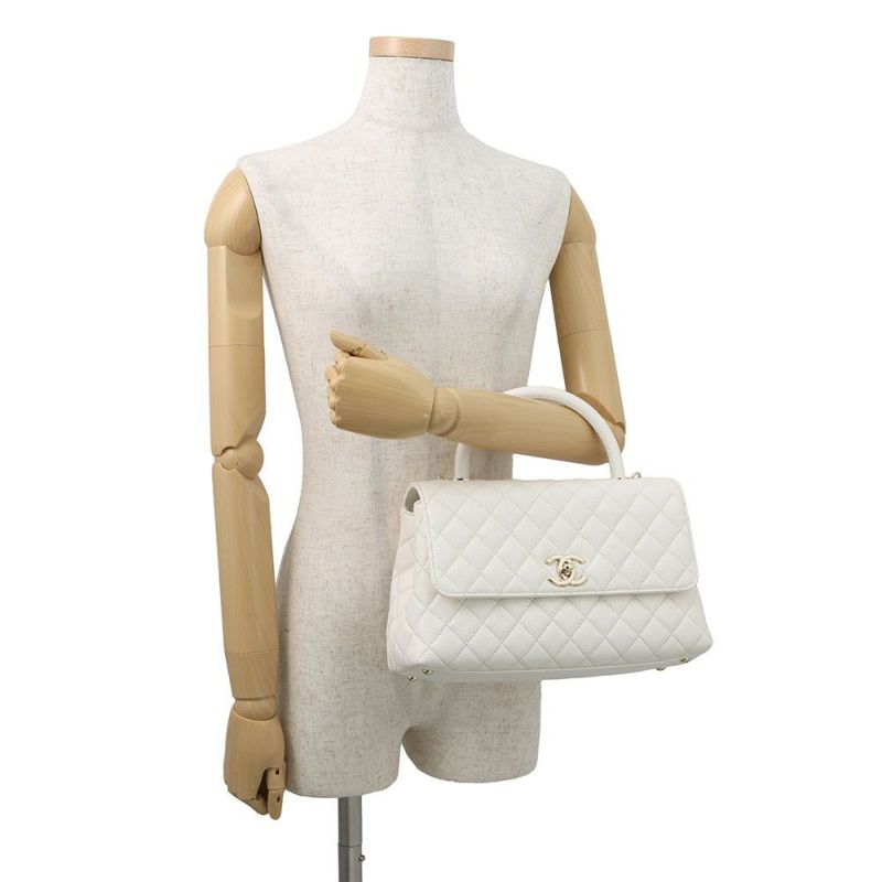 シャネル ハンドバッグ マトラッセ ココマーク トップハンドル フラップ キャビアスキン A92991 2way 白