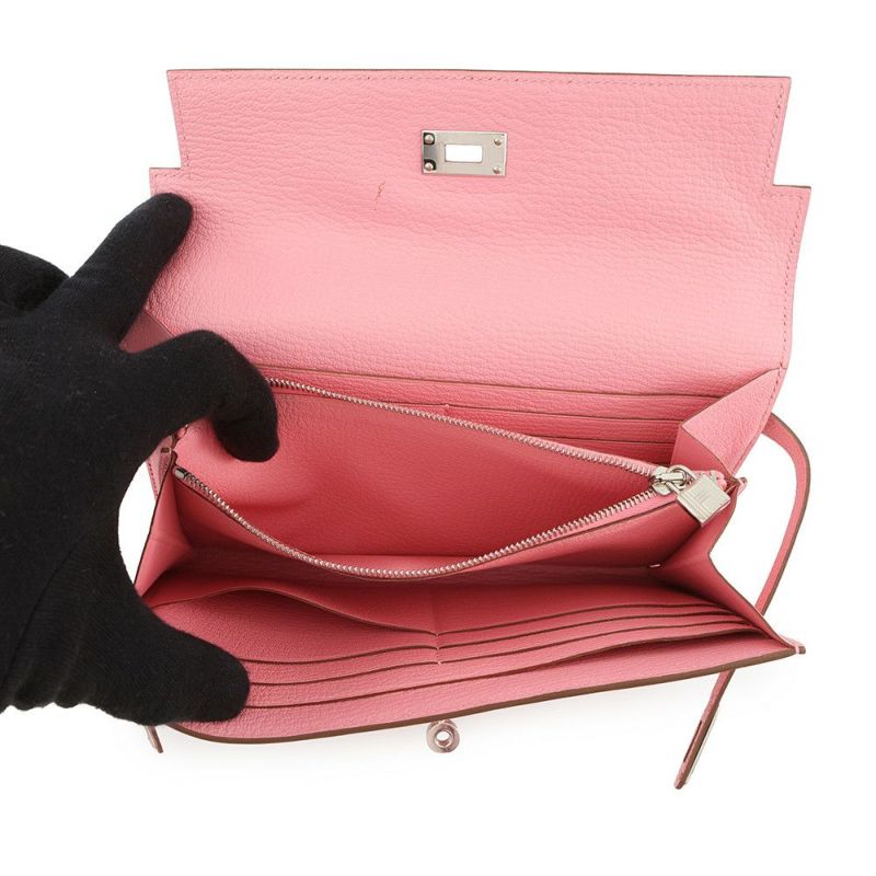 エルメス 長財布 ケリーウォレット ロング ローズコンフェッティ/シルバー金具 シェブルミゾル R刻印 HERMES シェーブル