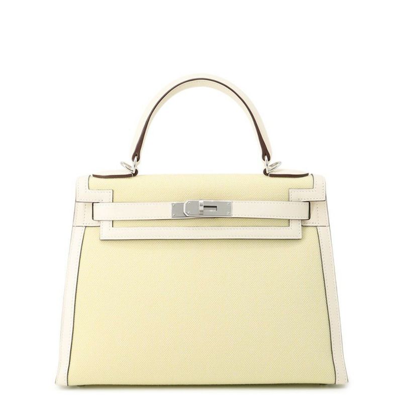 エルメス ハンドバッグ ケリー28 外縫い ナタ/ジョーヌシトロン/シルバー金具 トワルアッシュ/スイフト U刻印 2wayショルダー